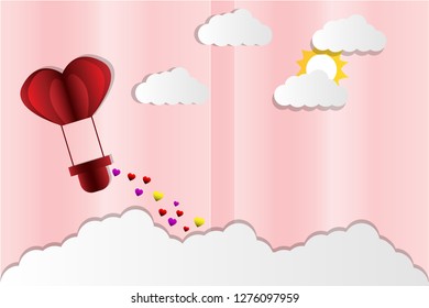 illustration of love and valentine day,Origami made hot air balloon flying on the sky with heart float on the sky.paper art and digital craft style. - Vector