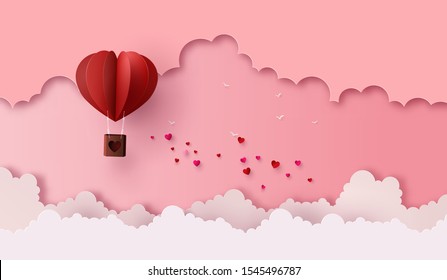 illustration of love and valentine day,Origami made hot air balloon flying on the sky with heart float on the sky. paper cut art style.