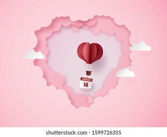 illustration of love and valentine day,Origami made hot air balloon flying on the sky.paper art collage style.