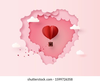 illustration of love and valentine day,Origami made hot air balloon flying on the sky.paper art collage style.