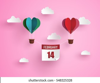 Illustration of love and valentine day,Origami made hot air balloon in a heart shape with massage 14 february floating on the sky.paper art and digital craft style.