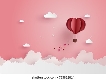 illustration of love and valentine day,Origami made hot air balloon flying on the sky with heart float on the sky.paper art and  digital craft style.