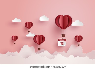 illustration of love and valentine day,Origami made hot air balloon float on the sky.paper art and  digital craft style.