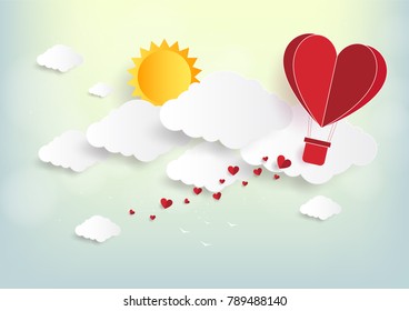 Illustration of love and valentine day,Origami made hot air balloon flying