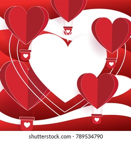 Illustration of love and valentine day,Origami made hot air balloon flying