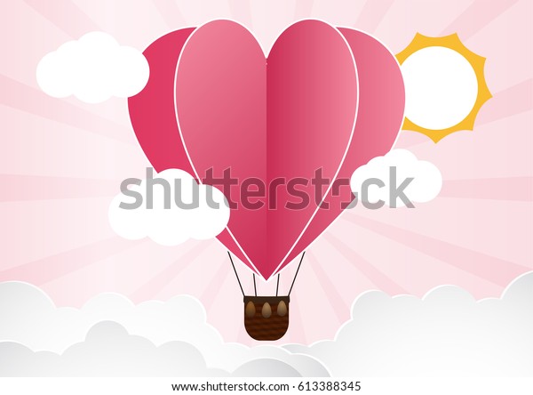 愛とバレンタインデーのイラストを見ると 折り紙は空に浮かぶ心を持つ熱風船を雲の上に飛ばした 紙のアートスタイル のベクター画像素材 ロイヤリティフリー