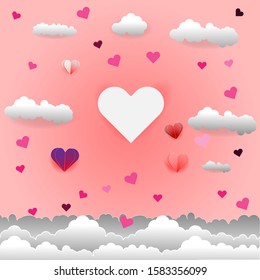 illustration of love and valentine day,Paper art of heart scattering little heart in the sky,origami and valentine's day concept, vector art and illustration