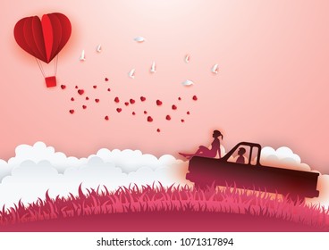 Illustration of Love and Valentine day,paper heart shape balloon floating in the sky. Paper art and digital craft style