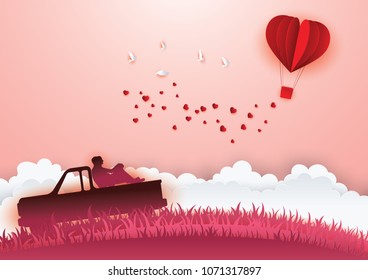 Illustration of Love and Valentine day,paper heart shape balloon floating in the sky. Paper art and digital craft style