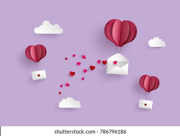 
Illustration of Love and Valentine Day,Paper hot air balloon heart shape hang envelope floating on the sky , Paper art and digital craft style.