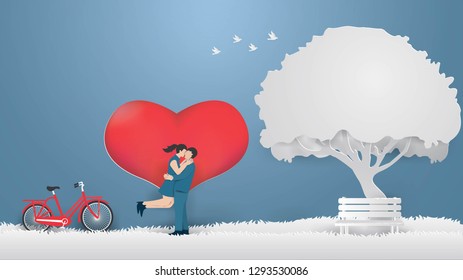 Illustration of love and valentine's card  design template with Couple show Love on the gray grass with heart background in spring season,paper craft style.