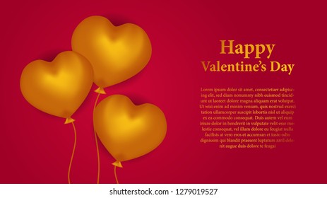 illustration love and valentine's day banner template with 3D golden hearth flying balloon