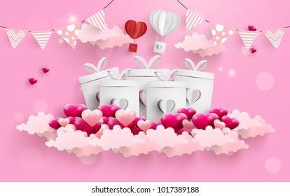 illustration of love and valentine's day. beautiful gift boxes and balloons. pink background with paper art design