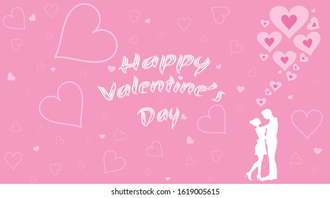 illustration of love and valentine's day, containing silhouettes of happy couples with a soft pink background filled with love, very impressed with affection with the text of happy valentines day.