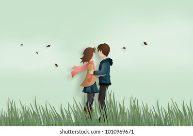 Illustration of love and valentine's Day,  with couple standing hugging on a grass field with pink bicycle and heart shaped balloon.paper art and digital craft  style.