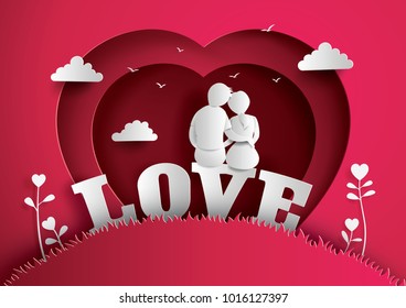 Illustration of love and valentine's Day  with couple sitting on word LOVE in the field .paper art and  digital craft style.