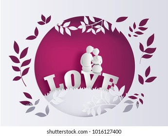 Illustration of love and valentine's Day  with couple sitting on word LOVE in the field .paper art and  digital craft style.