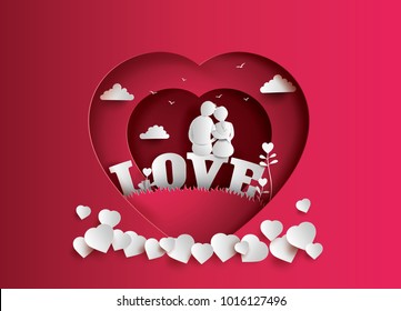 Illustration of love and valentine's Day  with couple sitting on word LOVE in the field .paper art and digital craft style.