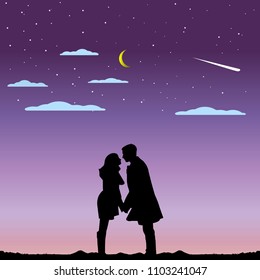 Illustration of love and valentine's Day with couple silhouette and half moon