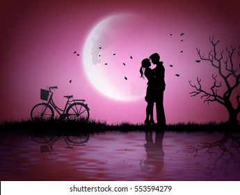 Illustration of love and valentine's Day  with couple silhouette  and half moon.