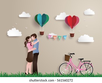 Illustration of love and valentine's Day,  with couple standing hugging on a grass field with pink bicycle and heart shaped balloon.paper art and origami style.