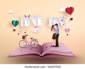 Illustration of love and valentine's Day, with couple standing hugging on open book with pink bicycle .paper art and  digital craft style.