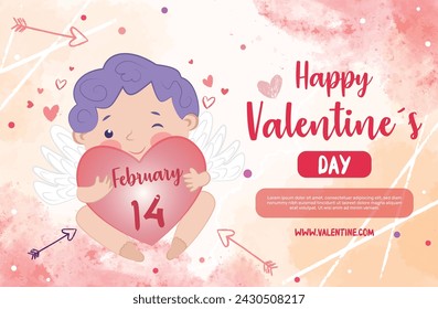 Illustration of love and Valentine's day, Cupid hugging a heart. ideal for advertising banner or invitation for February 14