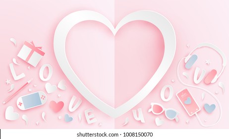 illustration of love for valentine's day. Valentine's day and decorations with text space. Card for Valentines day. Paper cut and craft style. Vector,illustration.