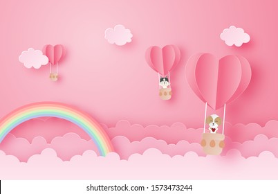 Illustration of love and Valentine's day greeting card in paper cut style. Happy dog and cat in hot air balloon over clouds and rainbow. Digital craft paper art.