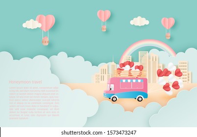 Illustration of love and Valentine's day greeting card in paper cut style. Honeymoon travel. Digital craft paper art.