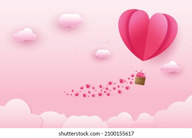 Illustration of love and valentine's day, heart shaped balloon with many small hearts floating in the sky. Paper art and digital craft patterns
