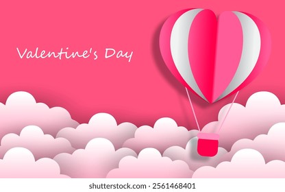 illustration of love and valentines day with heart balloons floating in the sky.  Vector illustration