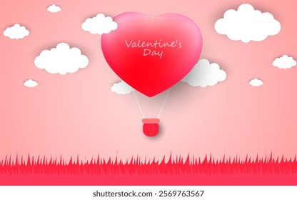 illustration of love and valentine's day, love heart shaped for greeting card, hot air balloon flying over the grass with hearts floating in the sky.