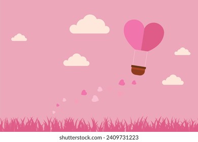 illustration of love and Valentine's Day, hot air balloon flies over the grass with heart floating on the sky. paper art and digital craft style.