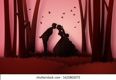 Illustration of love and valentine's Day,  with lover kissing.paper art and origami style.