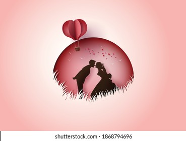 Illustration of love and valentine's Day,  with lover kissing.paper art and origami style.