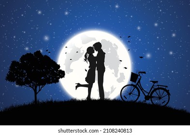 Illustration of love and valentine's Day,  with lover kissing in the full moon