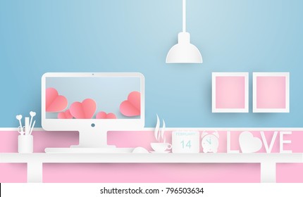 Illustration of love with Valentine's day office desk. valentine workplace interior with Lamp,picture frame,calendar,clock,stationery Box and hearts on monitor. paper art style. vector,illustration.