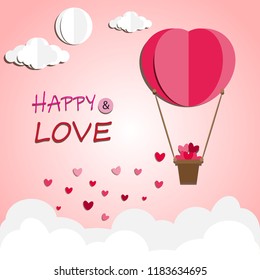 Illustration of love and Valentine's Day Origami made a hot air balloon floating above the sky with a floating heart in the paper art.