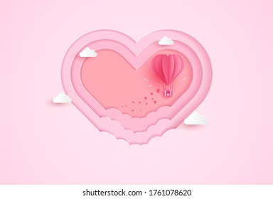 Illustration of love and valentines day, Origami makes air balloons fly above the clouds with heart floating in the sky. paper art style.