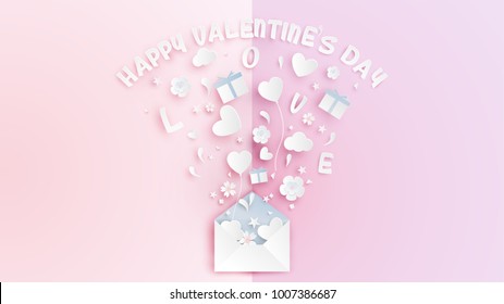 illustration of love in valentine's day. Paper art of open the envelope on Valentine's Day with many gifts on pink book background.  Paper art and craft style. vector, illustration.