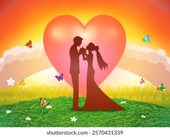 Illustration of love and Valentine's Day. Two lovers on a meadow under the sunset with a heart of love. 3D paper from digital craft.