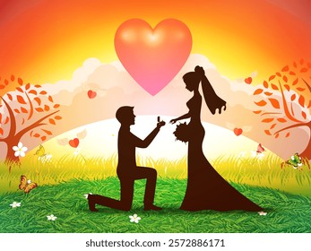 Illustration of love and Valentine's Day. Two lovers on a meadow under the sunset with a heart of love. 3D paper from digital craft.