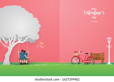 Illustration of Love and valentine's day with Young Couple sitting tree swing in spring season on pink background, Paper art modern style.