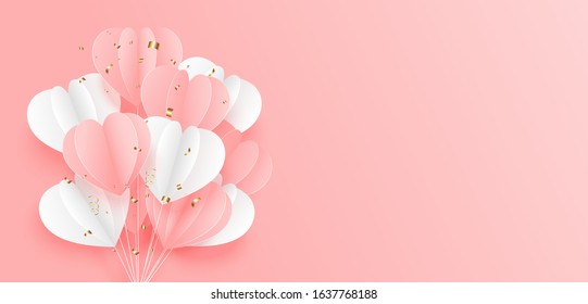 Illustration of love with white and pink heart balloons, confetti on pink background. Paper cut style. Vector illustration.