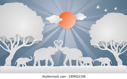 Illustration of love and World environment day with Elephants family show the Love on the gray grass in spring season background,Vector paper craft style.