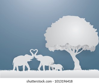 Illustration of love,Elephants family show the Love on the gray grass in spring season,paper craft style.