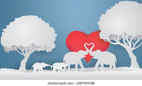 Illustration of love,Elephants show the Love on the gray grass with heart background,paper craft style vector