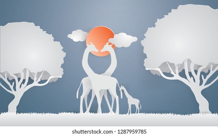 Illustration of love,Giraffes show  Love on the gray grass with blue sky background in the forest,paper craft style vector
