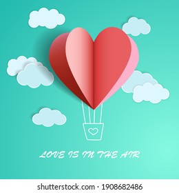  Illustration of love.Heart shape of a balloon cut out of paper and clouds.Handmade crafts. Vector illustration. Cute love sale banner or greeting card. Honeymoon and wedding adventure.